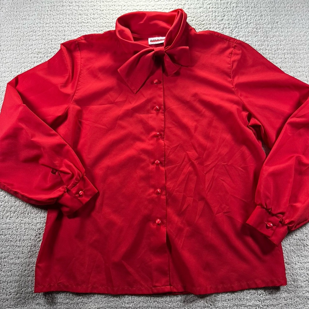 Judy‎ Bond Vintage Women's Blouse SIze 14 Red Long Sleeve Bow Detail